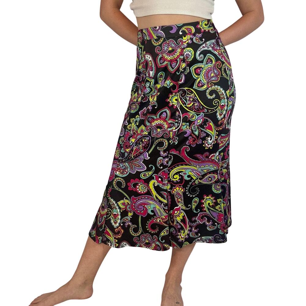 Vintage Y2K Travel Elements Paisley Midi Skirt Pink Blue Green Black Small 00s